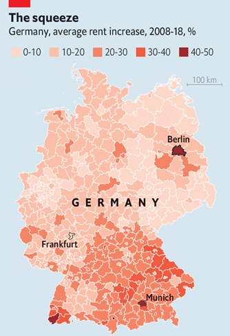 Az átlagos németországi albérletárak régiókra bontva, ahol Berlin kiemelkedett a drágulás szempontjából.