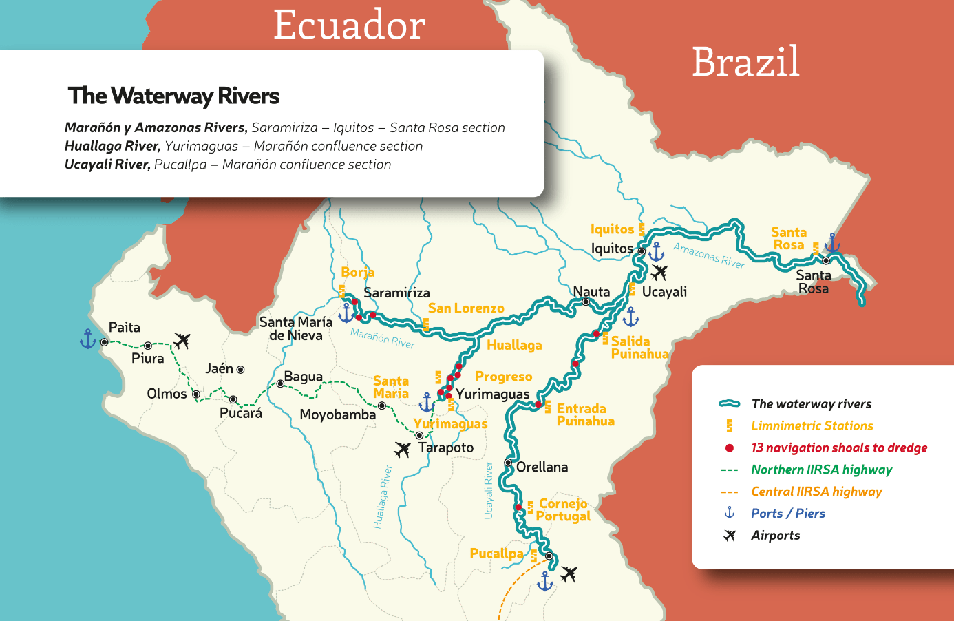 Az Amazonas folyó jelenleg hajózható víziútjai, ami hamarosan tovább bővülhet a perui szakaszon. 