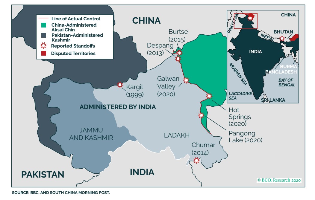 India és Kína vitatott hovatartozású területeit mutató ábra.