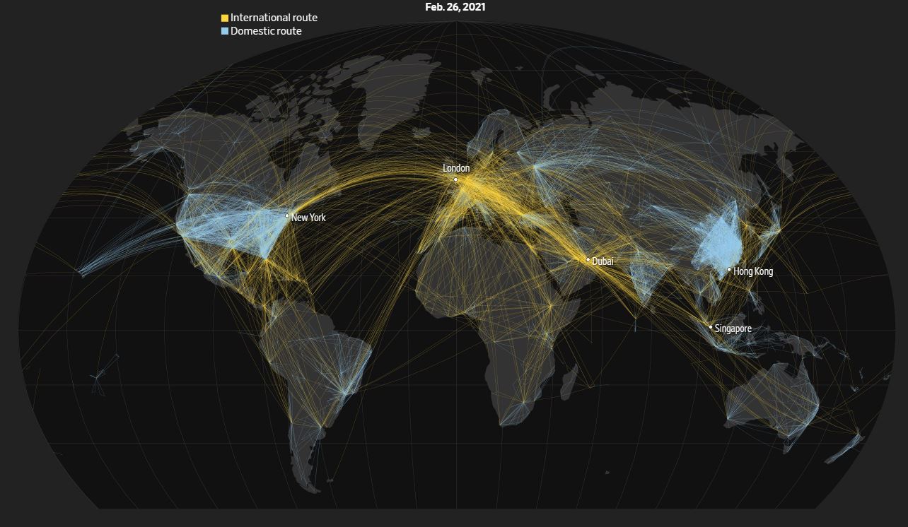 A 2021 február 28-i repülések ábrája a világban, ahol a sárga vonalak jelzik a nemzetközi, míg kék vonalak a belföldi járatokat